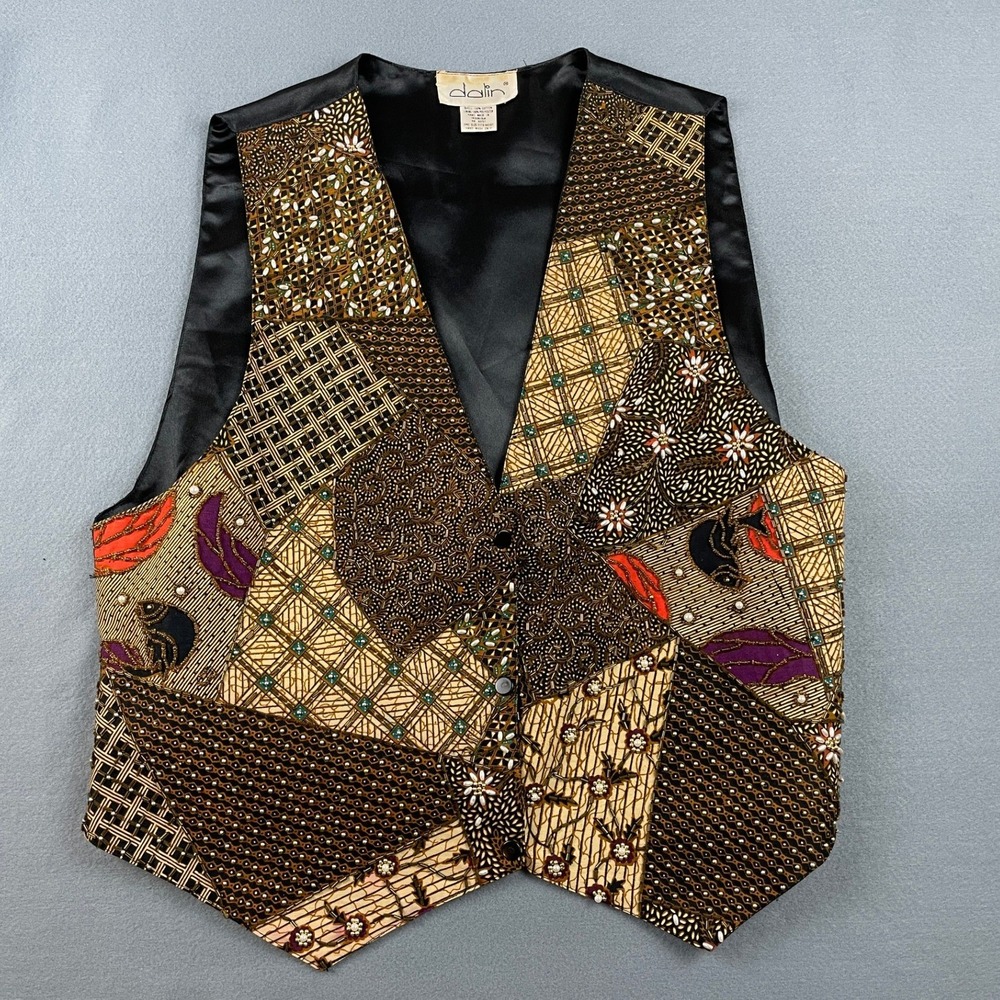 Beaded Patchwork Vest Boho Eclectic Folk Multi Color Cotton M L